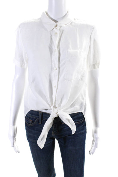 Theory Womens Linen Collared Short Sleeve Button Up Blouse Top White Size P