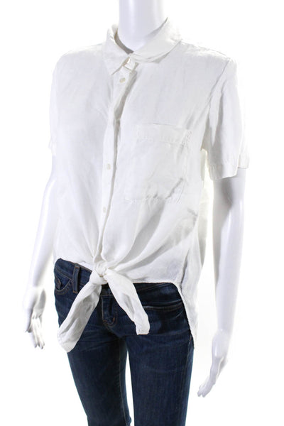 Theory Womens Linen Collared Short Sleeve Button Up Blouse Top White Size P