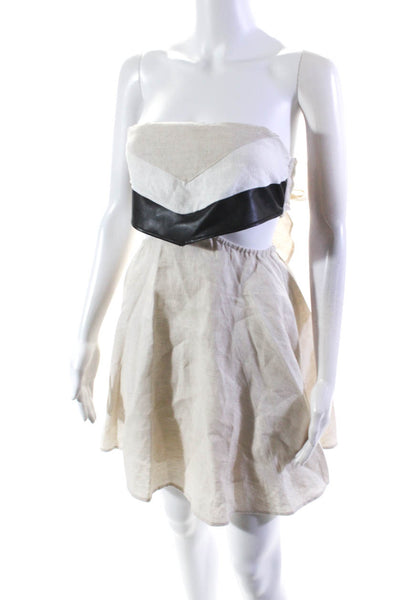 Staud Womens Faux Leather Trim Cut Out Halter A Line Dress Beige Black Size XS