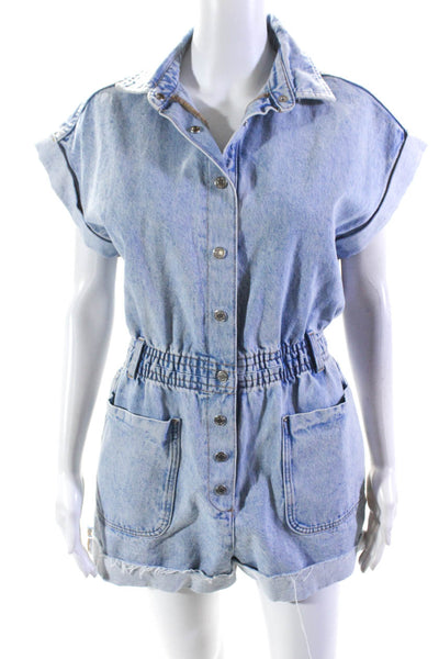 Zara Womens Button Front Short Sleeve Collared Denim Romper Blue Size Small