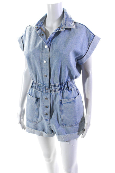 Zara Womens Button Front Short Sleeve Collared Denim Romper Blue Size Small