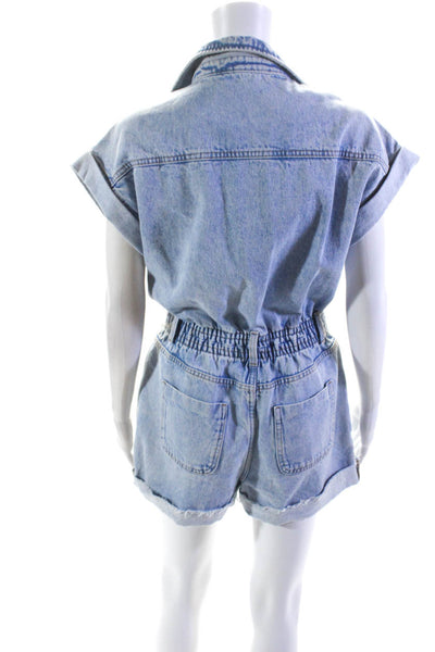 Zara Womens Button Front Short Sleeve Collared Denim Romper Blue Size Small