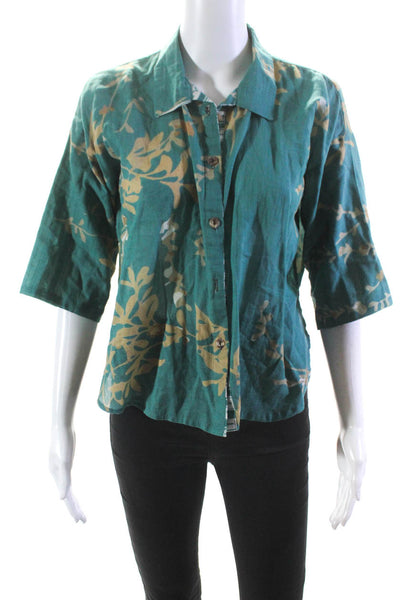 Diza Gabo Womens Button Front Half Sleeve Printed Shirt Green Brown Size XS/S