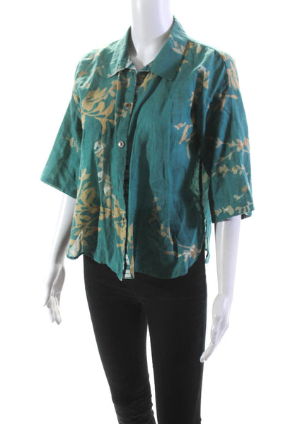 Diza Gabo Womens Button Front Half Sleeve Printed Shirt Green Brown Size XS/S