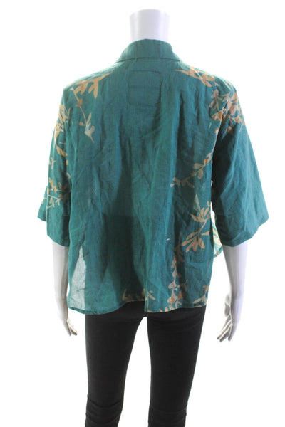 Diza Gabo Womens Button Front Half Sleeve Printed Shirt Green Brown Size XS/S