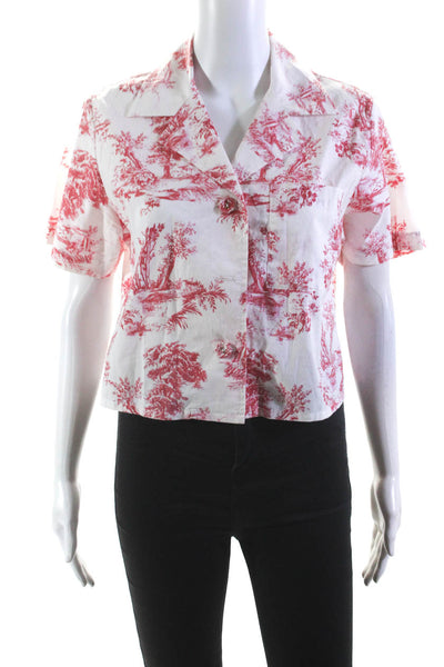 Cara Cara Womens Button Up Short Sleeve Collared Abstract Shirt White Red Small