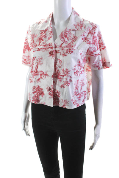 Cara Cara Womens Button Up Short Sleeve Collared Abstract Shirt White Red Small