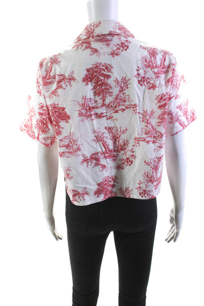 Cara Cara Womens Button Up Short Sleeve Collared Abstract Shirt White Red Small