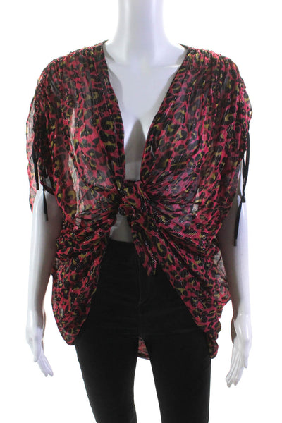 bl^nk Womens Half Sleeve V Neck Knotted Leopard Cover Up Black Pink One Size