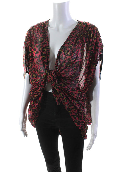 bl^nk Womens Half Sleeve V Neck Knotted Leopard Cover Up Black Pink One Size