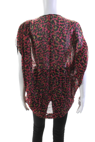 bl^nk Womens Half Sleeve V Neck Knotted Leopard Cover Up Black Pink One Size