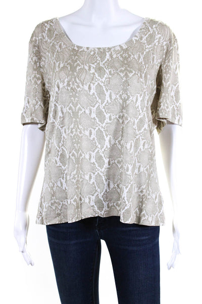 St. John Womens Round Neck Short Sleeves Studs Snake Print T-Shirt Beige Size XL