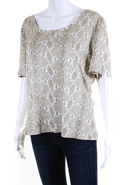 St. John Womens Round Neck Short Sleeves Studs Snake Print T-Shirt Beige Size XL