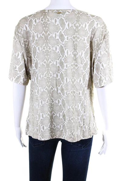 St. John Womens Round Neck Short Sleeves Studs Snake Print T-Shirt Beige Size XL