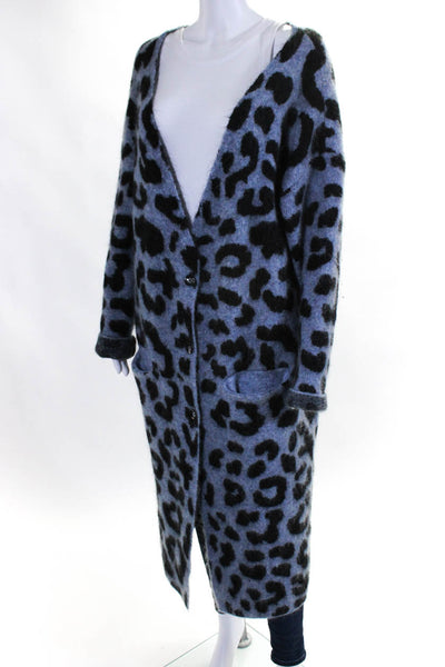 Ragdoll Womens Button Front Leopard Print Long Cardigan Sweater Blue Black Small