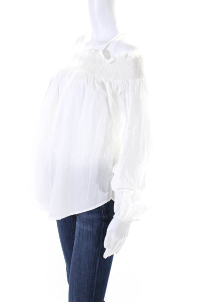 English Factory Womens Long Sleeve Cold Shoulder Smocked Top White Cotton Small