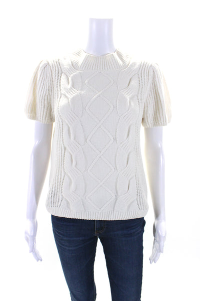 Rachel Zoe Womens Puff Sleeve Cable Knit Chenille Sweater White Size Medium