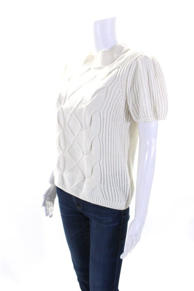 Rachel Zoe Womens Puff Sleeve Cable Knit Chenille Sweater White Size Medium