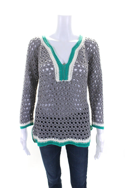 Catherine Malandrino Womens Crochet Y Neck Tunic Gray Turquoise Size Small