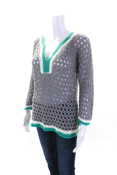 Catherine Malandrino Womens Crochet Y Neck Tunic Gray Turquoise Size Small