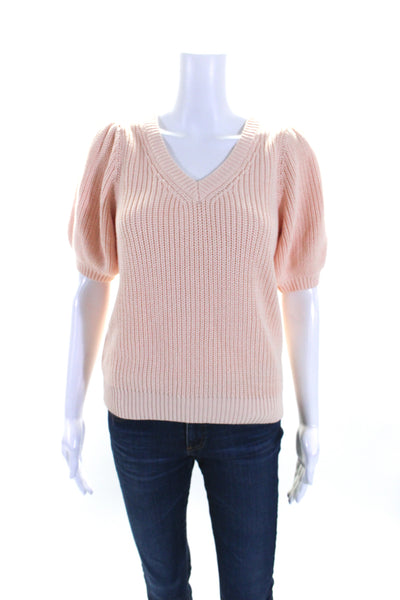 525 Womens Thick Knit Puff Sleeve V Neck Sweater Light Orange Size Small