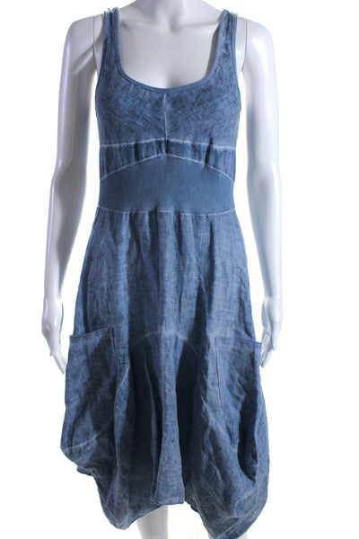 ONZ Womens Linen Sleeveless Ribbed Waist A Line Maxi Sun Dress Blue Size Small