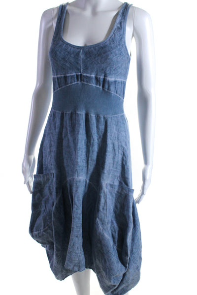 ONZ Womens Linen Sleeveless Ribbed Waist A Line Maxi Sun Dress Blue Size Small