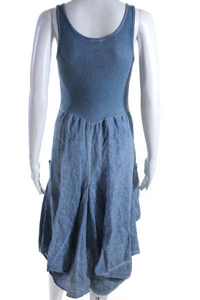 ONZ Womens Linen Sleeveless Ribbed Waist A Line Maxi Sun Dress Blue Size Small