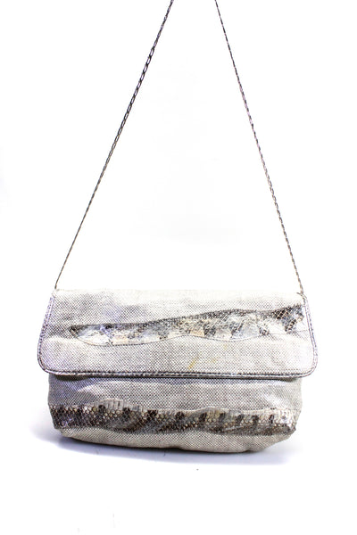 Carlos Falchi Womens Tweed Snakeskin Print Silver Tone Shoulder Handbag Silver