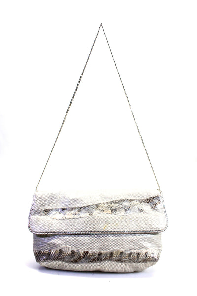 Carlos Falchi Womens Tweed Snakeskin Print Silver Tone Shoulder Handbag Silver