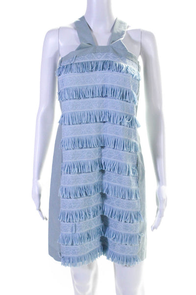 Shoshanna Womens Fringe Detail Square Neck Sleeveless Mini Dress Blue Size S