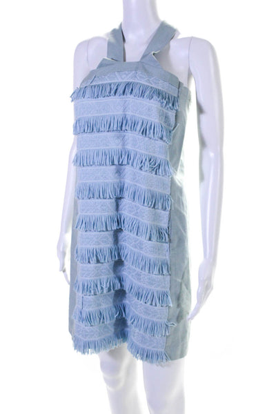 Shoshanna Womens Fringe Detail Square Neck Sleeveless Mini Dress Blue Size S