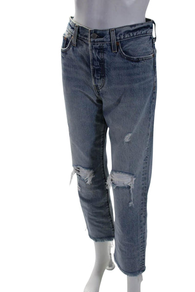 Levis Womens Button Fly High Rise Fringe Ankle Straight Leg Jeans Blue Size 28