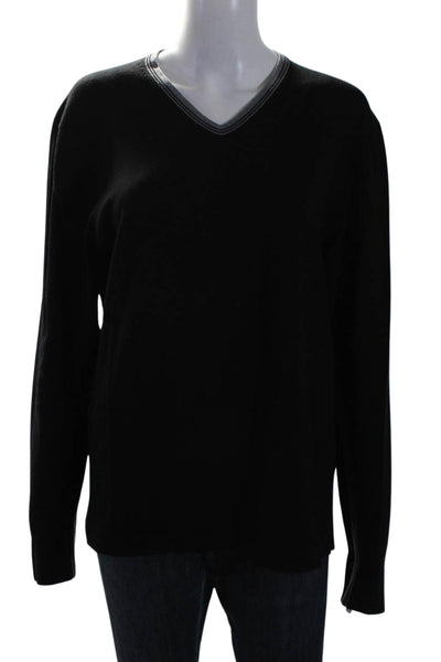 Elie Tahari Womens Wool V-Neck Long Sleeve Pullover Knit Top Black Size L