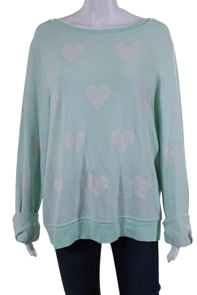 Wildfox Womens Heart Print Long Sleeve Pullover Sweatshirt Top Blue Size L