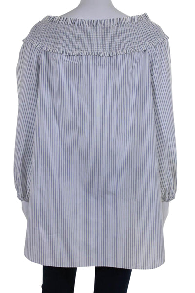 Tibi Womens Cotton Blend Striped Ruched Long Sleeve Blouse Top White Size 8