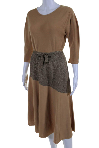 System Womens Knit Metallic Belted Round Neck 3/4 Sleeve Dress Beige Size M