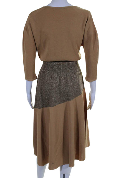 System Womens Knit Metallic Belted Round Neck 3/4 Sleeve Dress Beige Size M