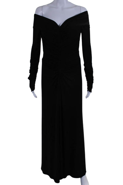 Melinda Eng Womens Ruched V-Neck Long Sleeve Zip Up Maxi Dress Black Size 8