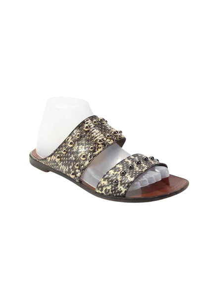 Lanvin Womens Double Strap Snakeskin Studded Slide Sandals Brown White Size 39