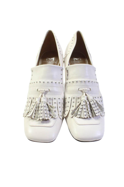 MARC FISHER LTD Womens Block Heel Studded Fringe Pumps White Leather Size 8