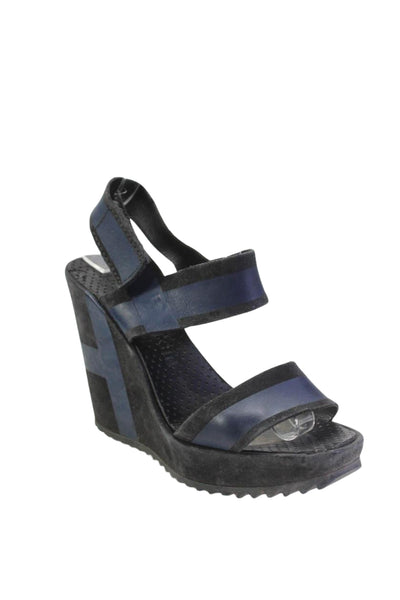 Pedro Garcia Womens Striped Hook & Loop Wedge Sandals Black Blue Size 7