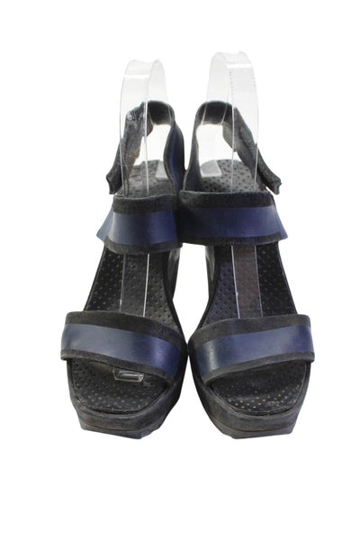 Pedro Garcia Womens Striped Hook & Loop Wedge Sandals Black Blue Size 7