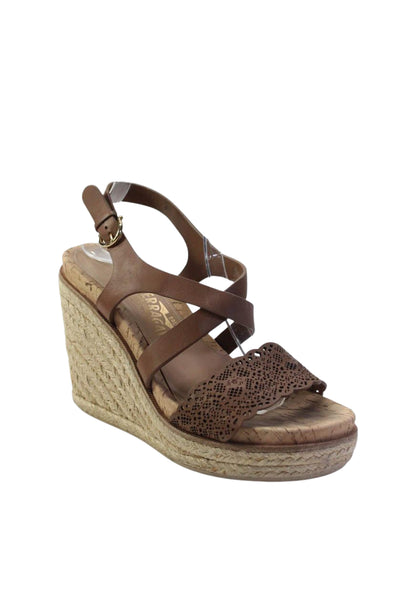 Salvatore Ferragamo Womens Laser Cut Cork Wedge Sandals Brown Size 7.5