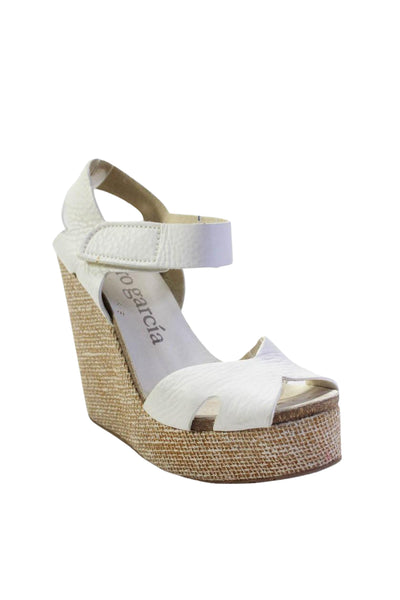 Pedro Garcia Womens Canvas Wedge Hook & Loop Sandals White Leather Size 7