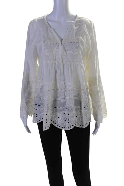 Leonie Womens Eyelet Hook Closure Long Sleeves Blouse White Cotton Size 2