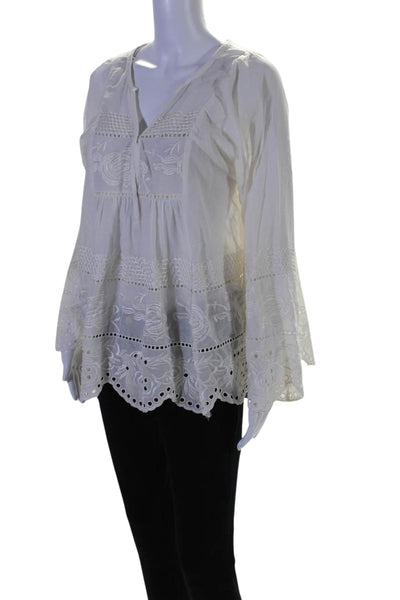 Leonie Womens Eyelet Hook Closure Long Sleeves Blouse White Cotton Size 2