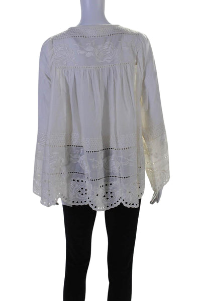 Leonie Womens Eyelet Hook Closure Long Sleeves Blouse White Cotton Size 2