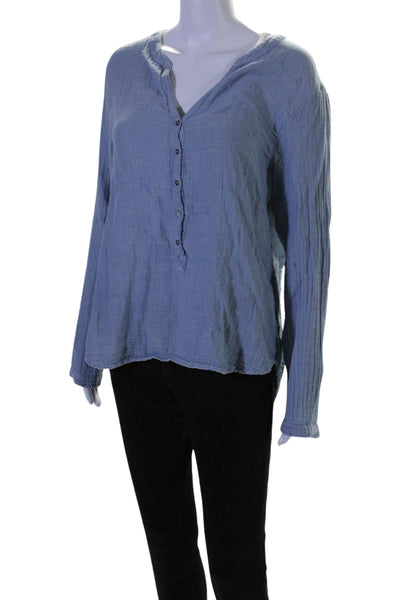 Xirena Womens Long Sleeves Half Button Down Shirt Blue Cotton Size Large