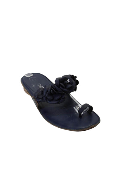 Chanel Womens Camellia Flower Low Heel Toe Ring Sandals Navy Leather Size 38 8